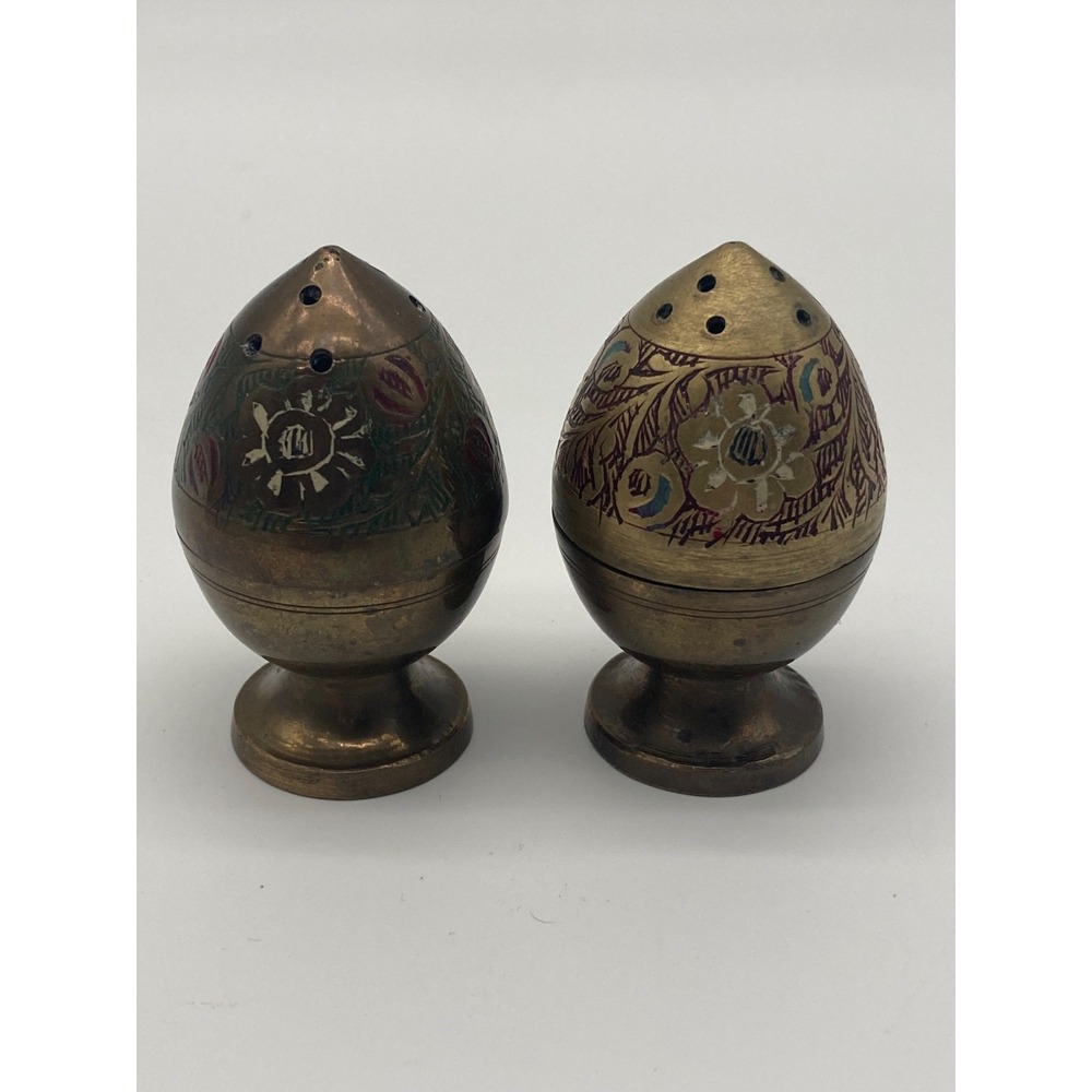 Vintage Enameled Brass Egg Salt and Pepper Shakers Set India Floral 2.5 Inch